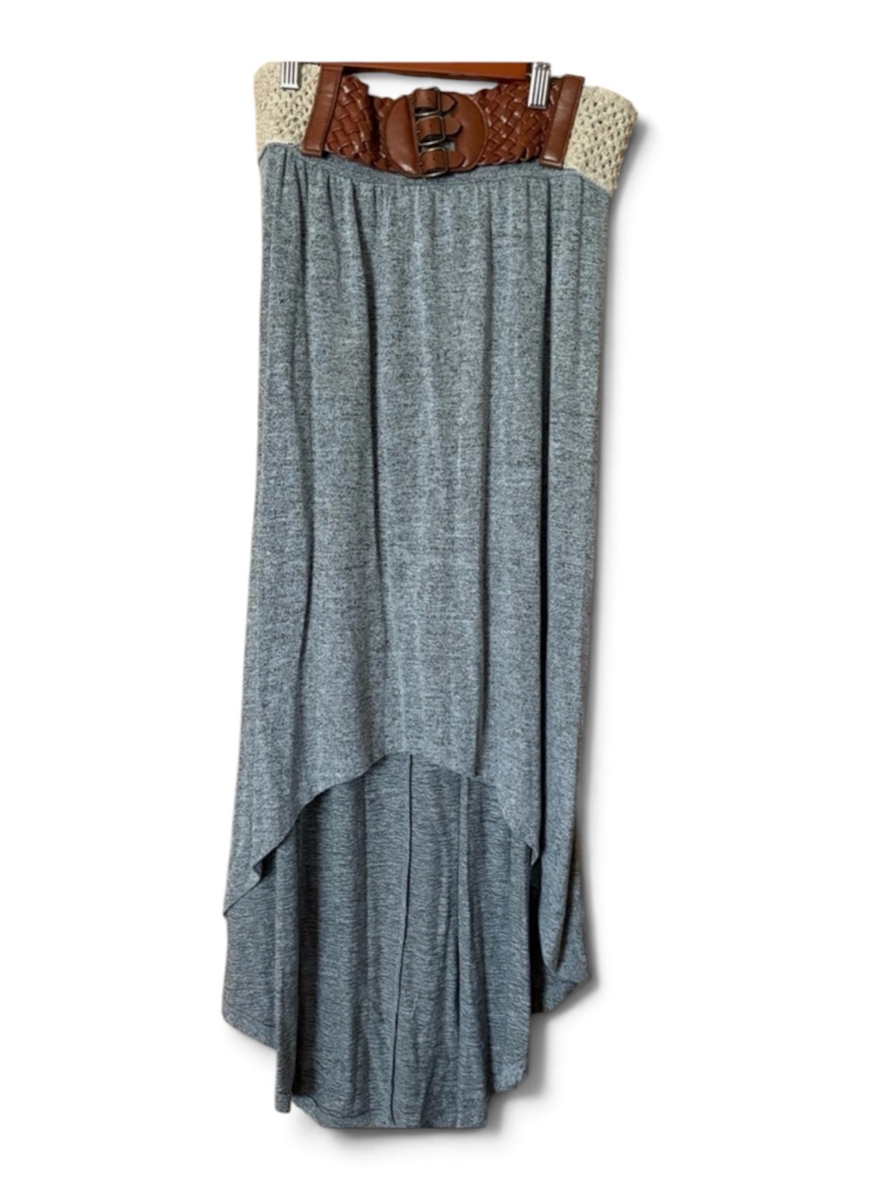 Miss Chievous Gray Knit Maxi High-Low Wide Crochet and Braided Belt Skirt